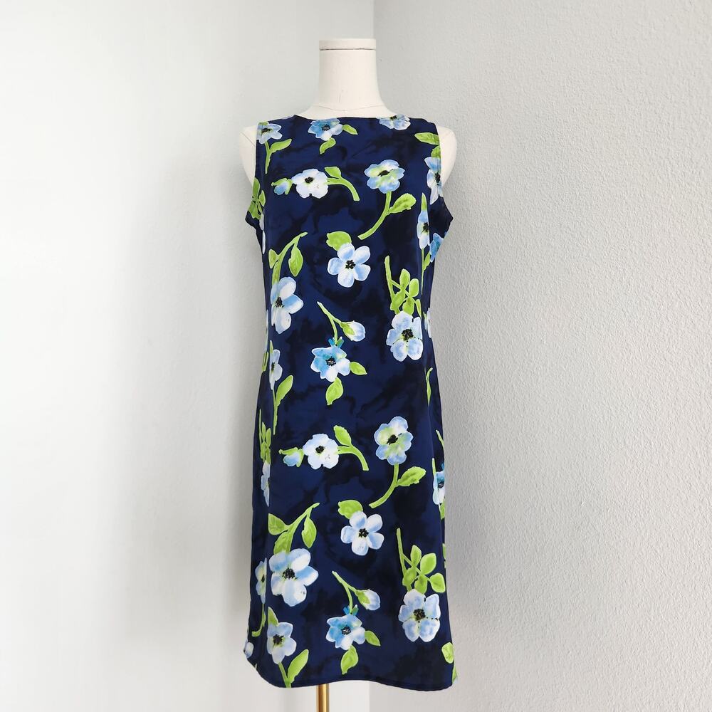 Vintage 90s Navy Blue Floral Sleeveless Shift Dress NY & Co Size 4 S Knee Length